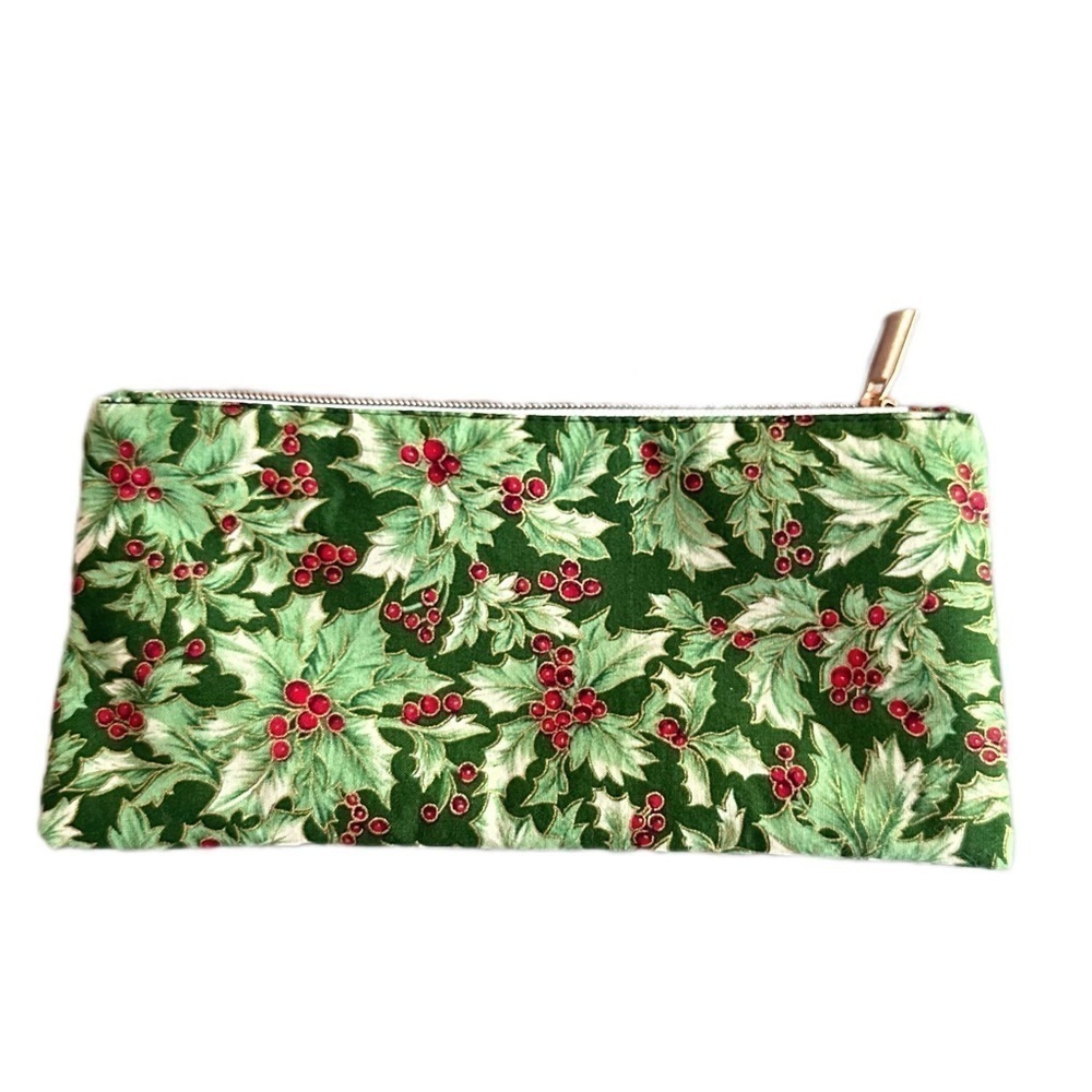 Holly berry bag pouch rose gold zipper cotton snowflake glitter linings